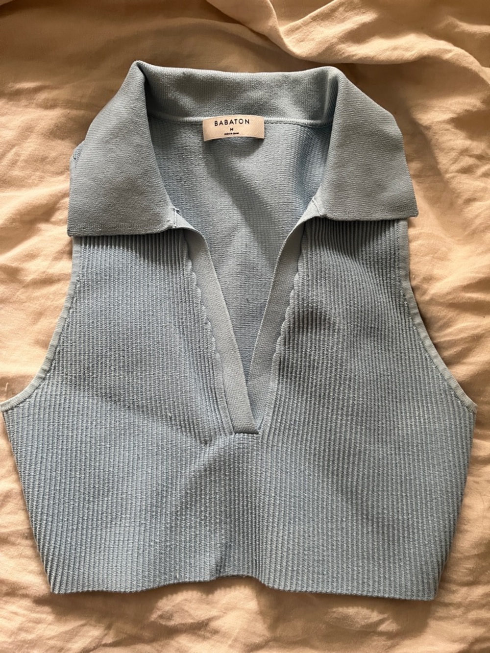 Babaton Light Blue Ribbed V-Neck Collared Tank Top - Picture 2 of 6